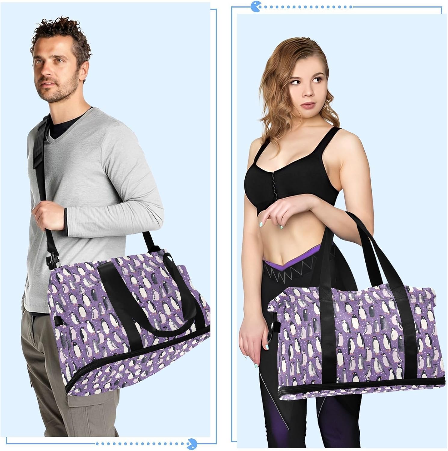 Purple Penguins Sports Gym Bag with Waterproof Dry Wet Pocket, Travel Duffel Bag for Women Men，Workout Bag Fits Yoga, Swimming