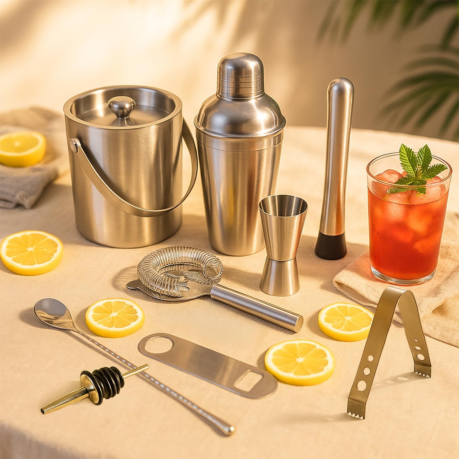 Picfest Stainless Steel 9-Piece Bar Tool Set | Cocktail Shaker, Peg Measurer, Muddler, Bar Spoon, Wine Pourer, Bottle Opener, Strainer, 1.5L Ice Bucket & Tong | All-in-One Bar Kit