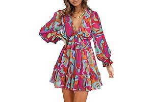 Womens Fall Fashion 2024 Deep V Neck Knotted Tiered Chiffon Elegant Mini...