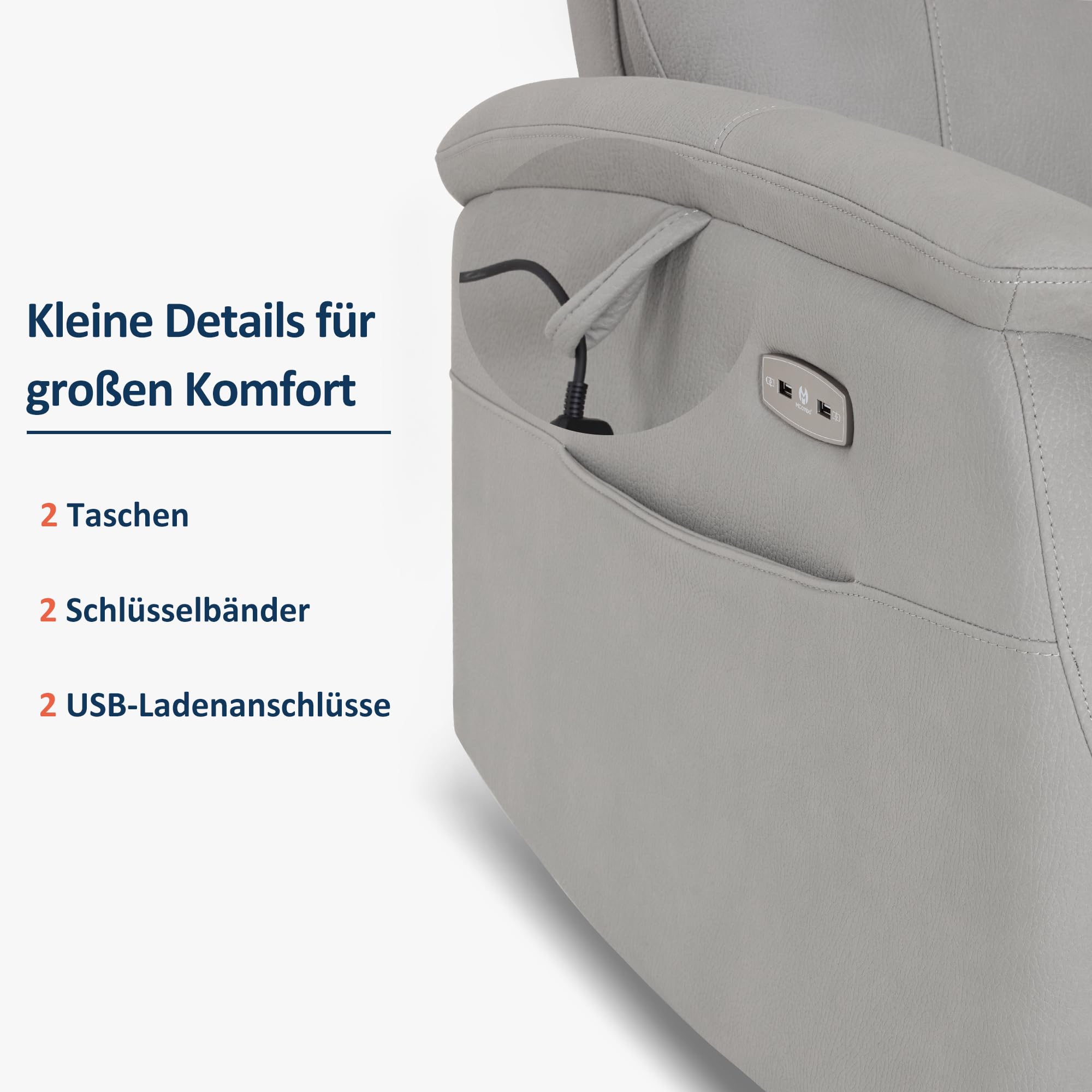 M MCombo Relaxsessel mit Liegefunktion, Fernsehsessel Elektrisch Verstellbar, TV Sessel mit 160° Liegefunktion, Recliner Chair, USB & Seitentasche, Sessel Wohnzimmer Relax, 7077 (Hellgrau)