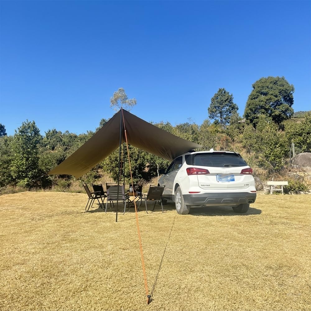 Großes Camping Tarp Zelt Ultraleicht Wasserdicht Multifunktional Awning Hexagon Tarpaulin Shelter für Auto Bushcraft Hängematte Backpacking Outdoor Survival (beige) (Beige, 4,5x4,5 tarp with Poles)