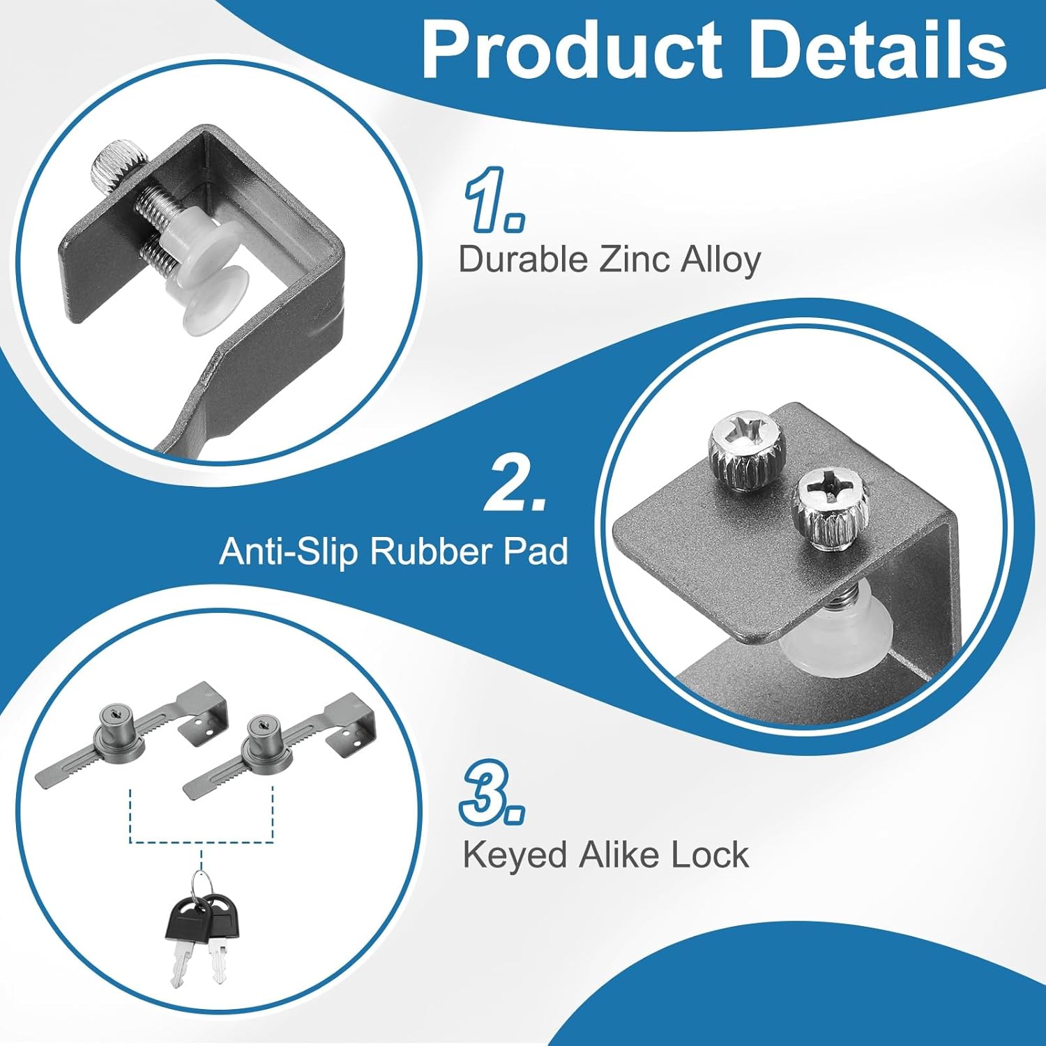 1" Sliding Glass Door Ratchet Lock, Keyed Alike Secure Showcase Display Case Lock - No Drill, for 10-20mm/ 0.39-0.79 inch Cabinet Stores Glass Door, Grey