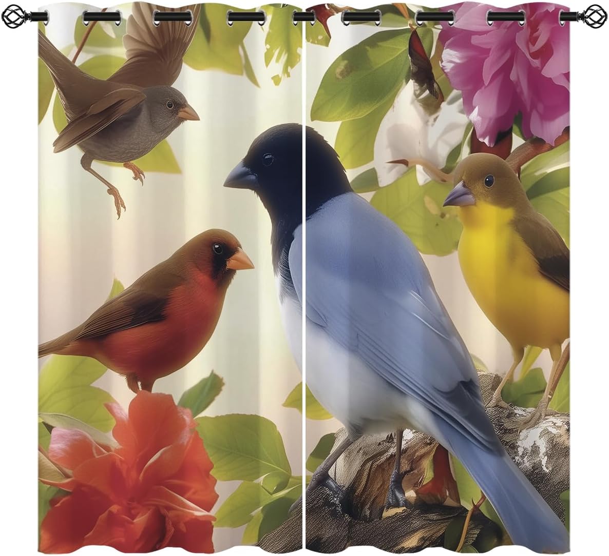 Flower and Bird Blackout Curtains for Girls Boy Home Decor, Farmhouse Country Floral Vintage Grommet Thermal Insulated Drapes Darkening Window Curtain for Bedroom Living Room, 42 x 45 Inch