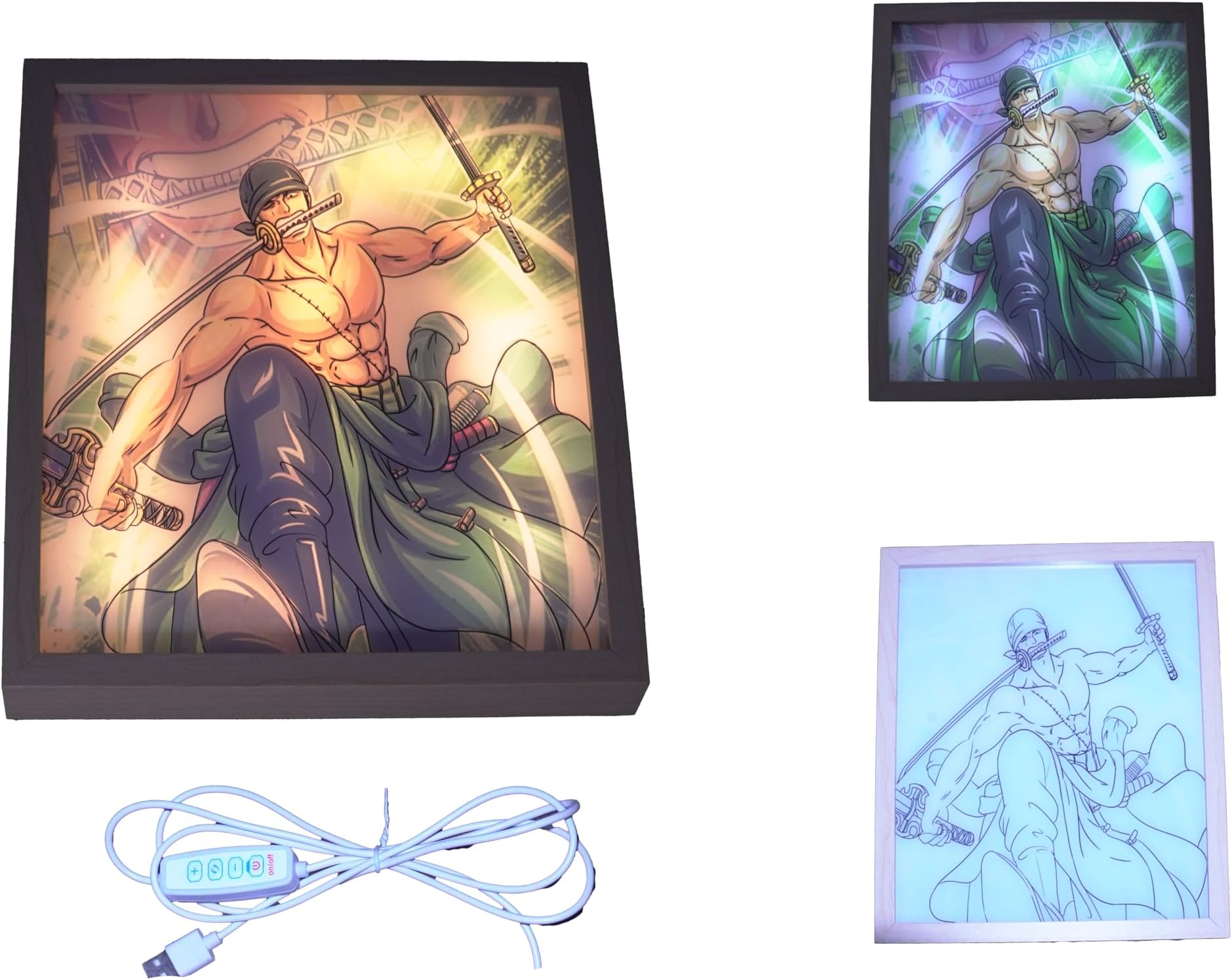 Roronoa Zoro 3D Anime LED NightLight Wooden Lamp, Adjustable Brightness, Illusion Monkey D. Luffy Figure LED Night Light, Wall Mount and Stand Included with USB Remote Cord, Lightbox Design #4
