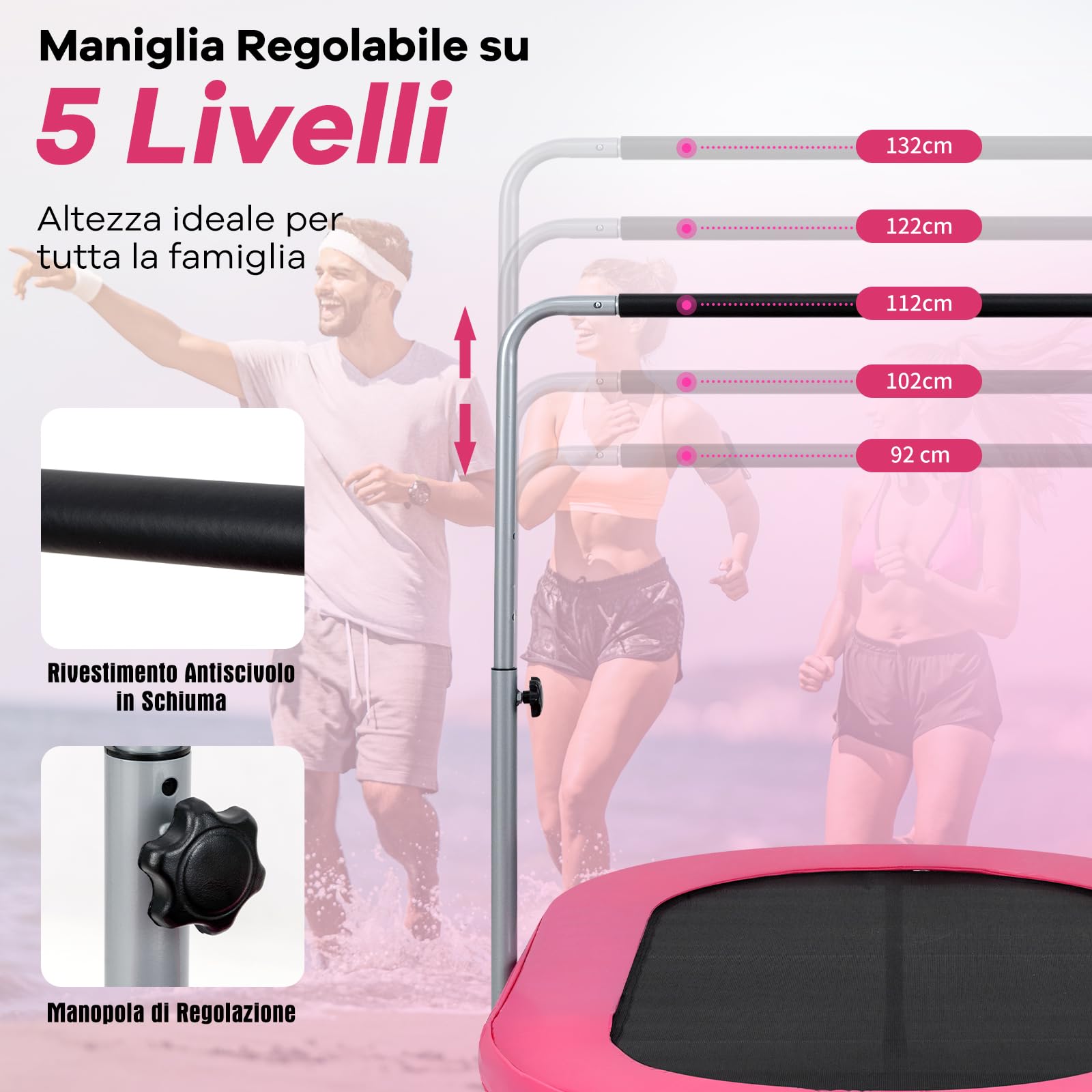 COSTWAY Trampolino Elastico da Interno ed Esterno, Tappetino Elastico Pieghevole per Adulti e Bambini con Maniglia Regolabile, Molle e Cuscinetto di Sicurezza, Trampolino Ovale per 2 Persone