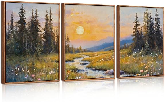 Celestdeco Large Mountain Wall Art Framed Abstract Forest Landscape Canvas Wall Decor Nature Scenery Wildflower botanical Decorations for Living room Bedroom 30x40cm