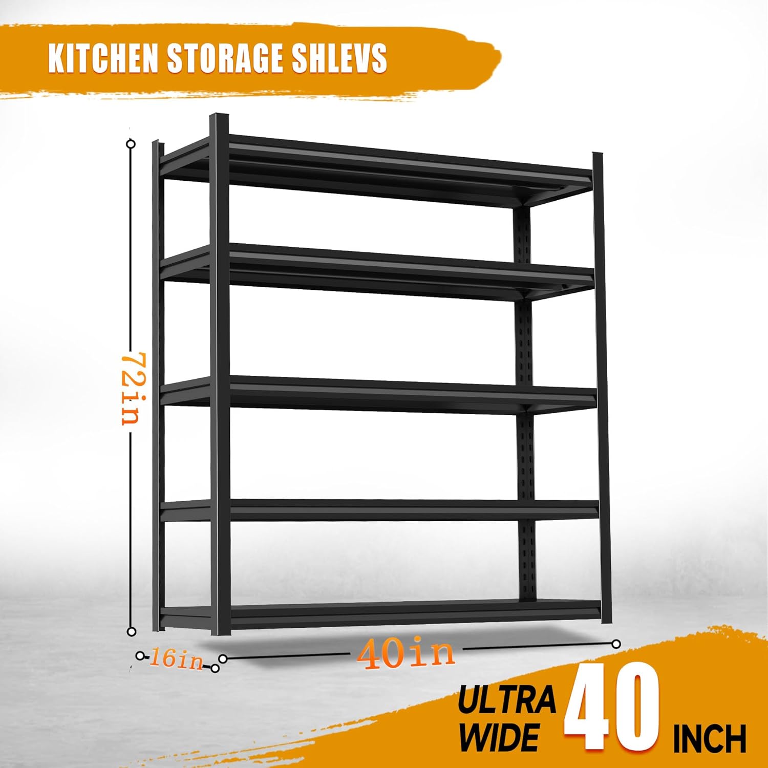 5-Tier Kitchen Shelves, 40''W Metal Kitchen Pantry Cabinet,1000LBS Capacity Open Storage Shelves,Adjustable Storage Shelves,for Kitchen, Pantry, Bathroom,Metal, Premium Black 72"Hx40''Wx16''D
