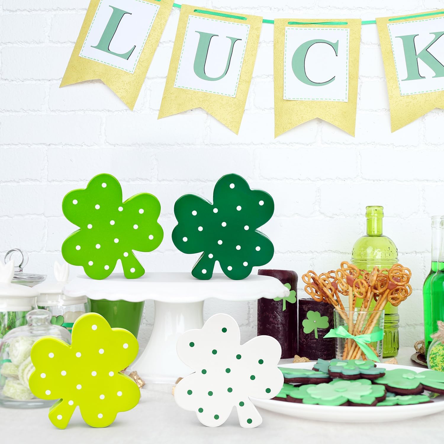 St Patricks Day Shamrock Decorations for Table,4 PCS Irish Green Wooden Lucky Clover Signs Decor for Indoor Office Home,Saint Patricks Day Gifts Centerpiece for Tiered Tray Mantel Shelf Desk Party Bar - Image 4