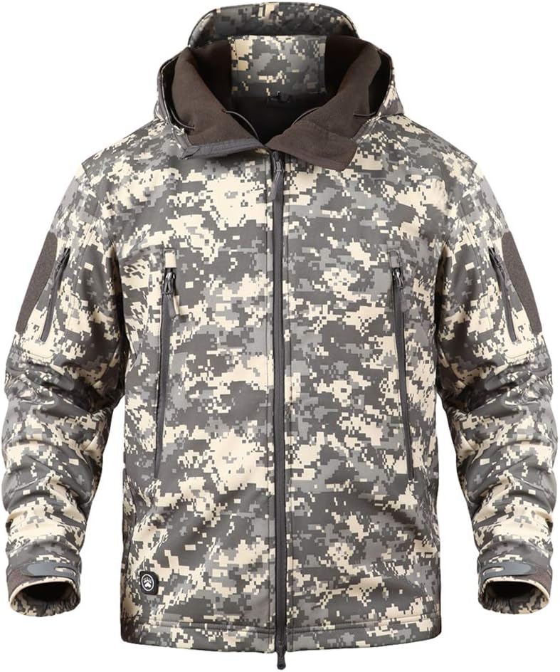 KetamyyMens Camo Tactical Coat Hooded Autumn Winter Outdoor Army Military Softshell Fleece Lined Waterproof Windproof Warm Hunting Hiking Jacket