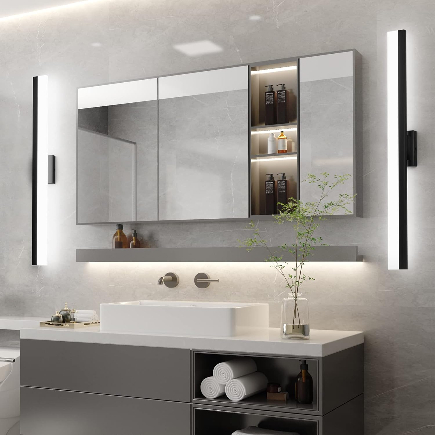 Aipsun Black LED Vanity Light 40inch Black Bathroom Light Fixtures Modern Bathroom Light Fixtures Over Mirror 5500K