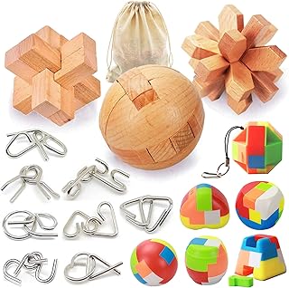 17 Pack Brain Teasers Puzzles for Kids & Adults, Brain Teasers Metal and Wooden IQ Puzzle Toys Mind Game 3D Coil Cast Wire Unlock Interlock Magic Ball Puzzles for Teenagers
