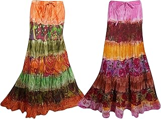 Mogul Interior 2pc Womens Maxi Skirt Tiered Full Flare A-Line Beach Printed Long Skirts M/L Brown,Orange