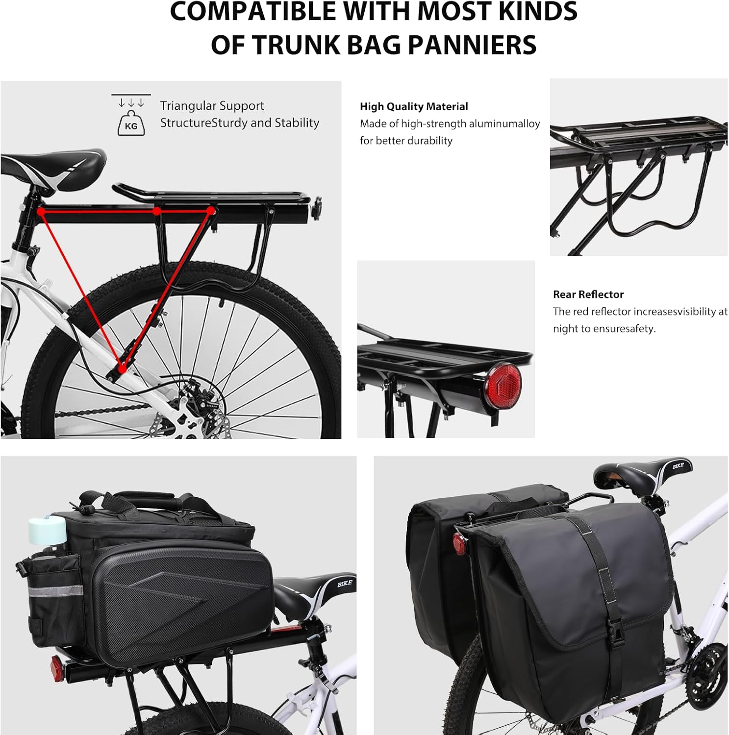 Aluminum Alloy Rear Bike Rack with Reflector, Quick Release Bicycle Cargo Rack, Bike Panniers Rack Max Capacity 110 LBS for Mountain Bike Ebike