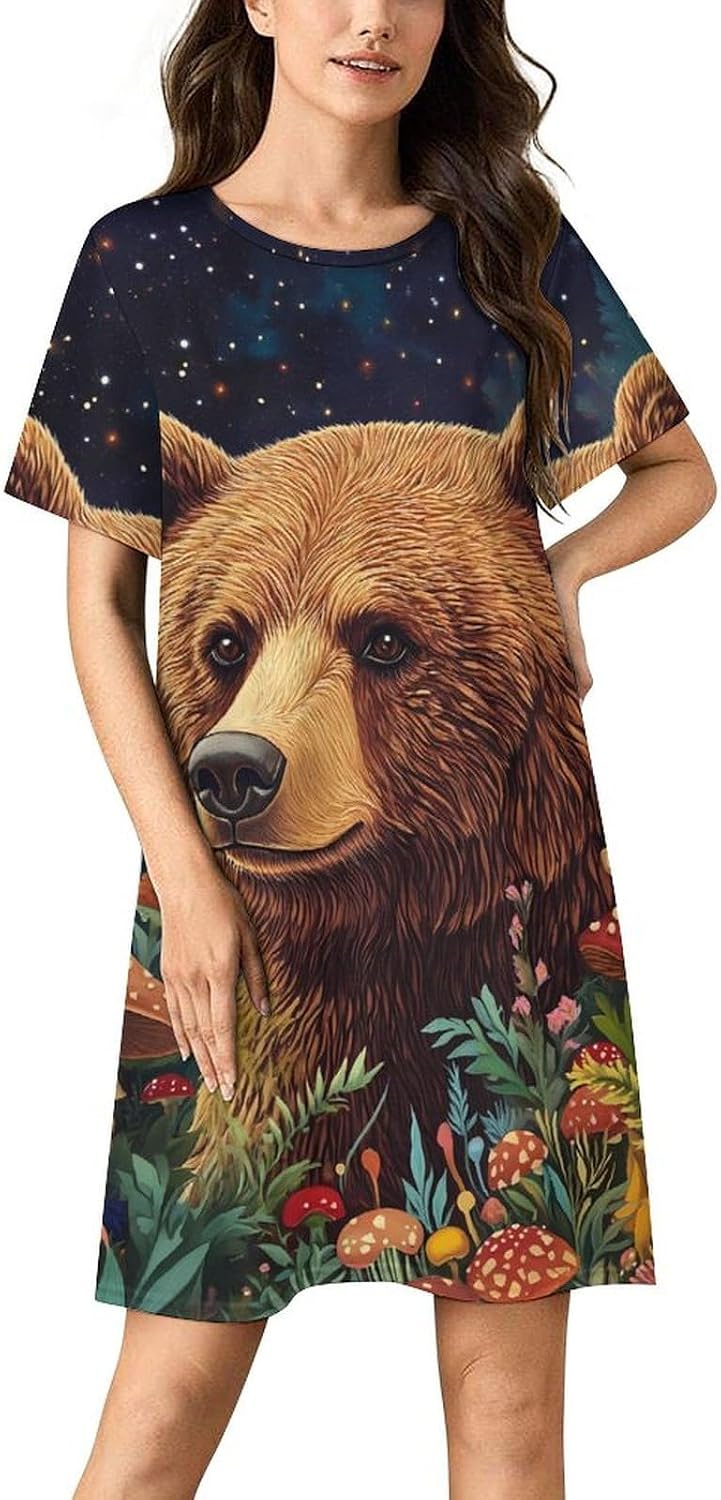 Bear Mushroom Starry Sky Women's Nightgowns Short Sleeve Night Shirts Sleepwear Soft Sleep Dress Pajamas