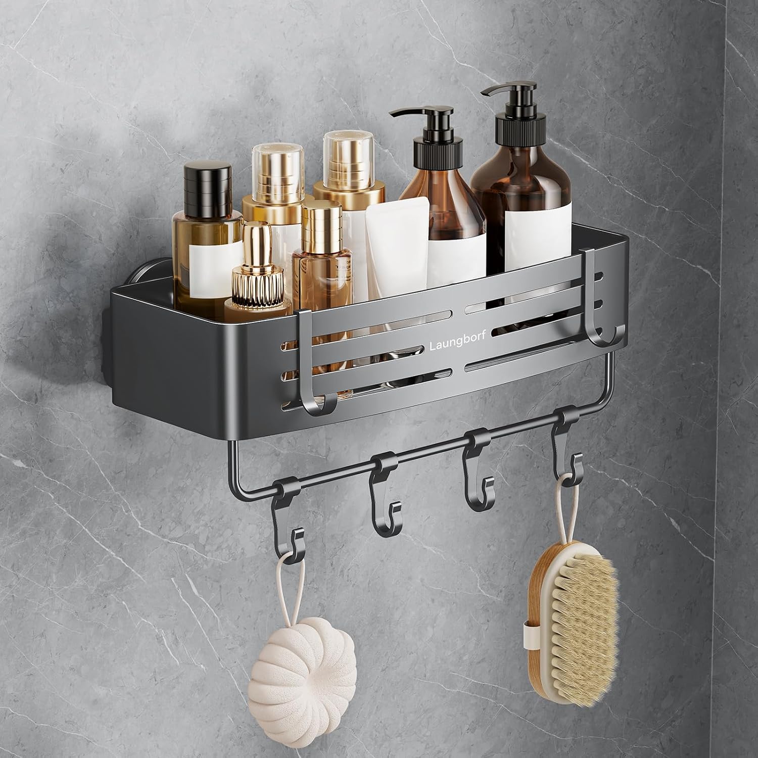 Corner Shower Caddy Suction Cup – Rustproof Aluminum Triangle Shelf with Hooks & Towel Bar, Laungborf No-Drill Wall Storage for Bathroom Kitchen Laundry (Matte Gray, 2 Pack)