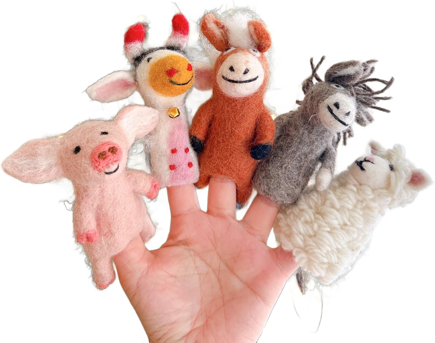 Assorted Handmade Farm Animal Finger Puppet Set (5 PCs), Handcrated Felt Finger Puppet, Wool Felt Farm Animal Puppets, Fair-Trade Storytelling Educational Finger Puppets for Kids, Handmade Gift