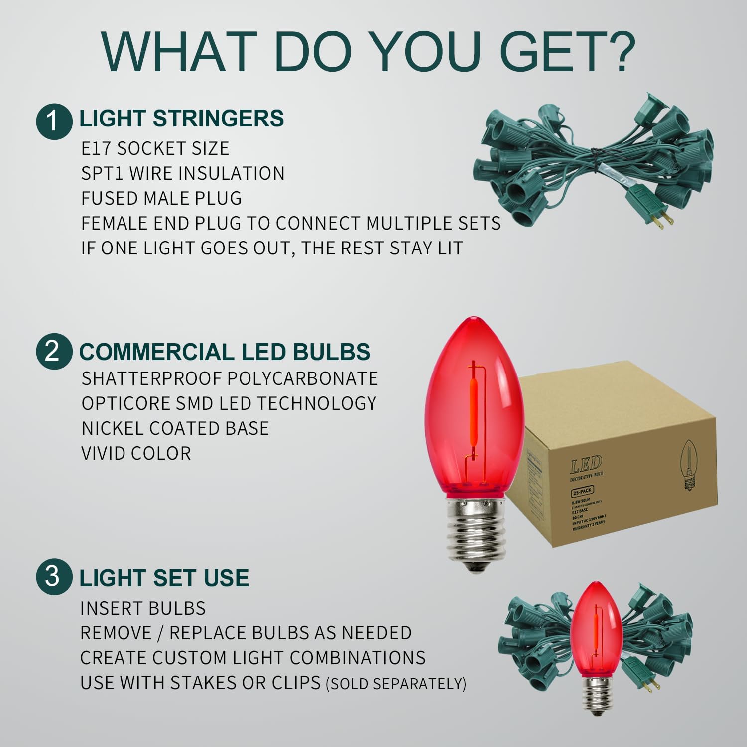 C9 Christmas String Lights, 25FT 26 Bulbs Bright & Multicolor Outdoor Christmas Lights, Outdoor Indoor Xmas Roofline Backyard Garden Patio Home Holiday Decor, Waterproof Extendable Green Wire