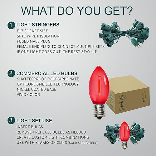 Miniatura 6 de C9 Luces de Cadena de Navidad, 25 pies 26 Bombillas Brillantes y Multicolores para Exteriores, Luces de Navidad para Techo, Patio, Jardín, Luces