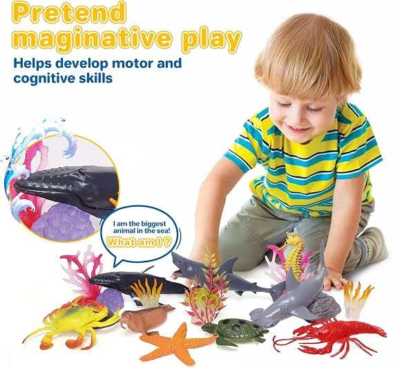 BIWASE Ocean Sea Animal Figure Toys for Kids 3-5, Realistic Sea Life Figures Animal Creature Sand Toys Beach Bath Playset Include Shark Whale Corals Seagrass Crab Octopus Turtle for Boys & Girls