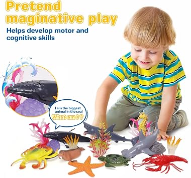 BIWASE Ocean Sea Animal Figure Toys for Kids 3-5, Realistic Sea Life Figures Animal Creature Sand Toys Beach Bath Playset Include Shark Whale Corals Seagrass Crab Octopus Turtle for Boys & Girls