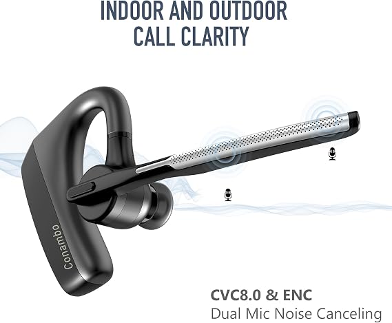 Conambo Bluetooth Headset with Dual Mic Noise Canceling & Mute Button Wireless Earpiece 16 Hrs Talking for Home Office Trucker Compatible with iPhone Android Phone (K18)