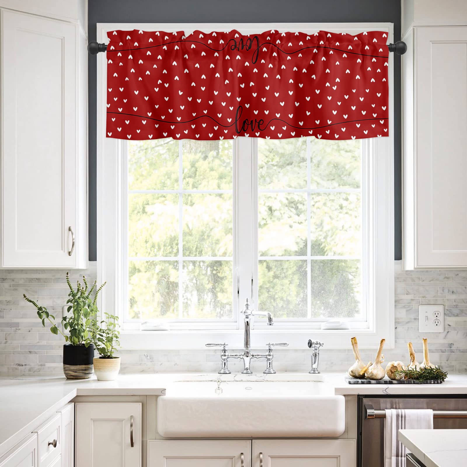 TocaHome Valentine's Day Window Curtain Kitchen Valance for Living Room White Love Heart Filling Love Rod Pocket Curtain Valance 1 Panel 54
