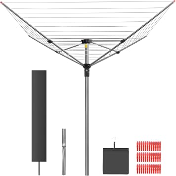 Umbrella Clothesline Outdoor Heavy Duty, Retractable Rotary Drying Rack 4-Arm 12 Lines 164 Ft Hanging Space, Adjustable Height Clothes Line, Foldable Drying Rack for Backyard Garden