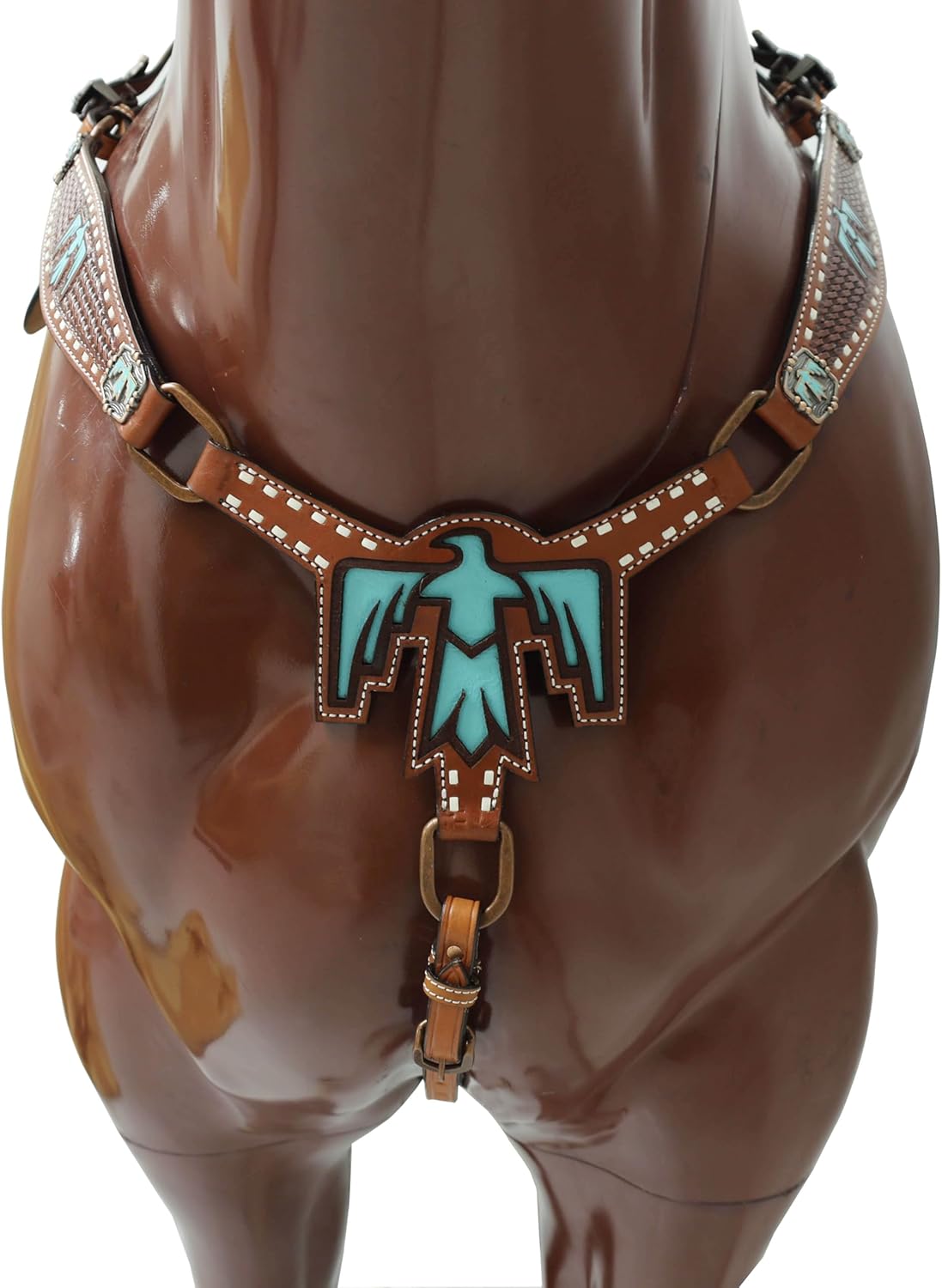Western Leather Headstall and Breast Collar Tack Set with Thunderbird Cut Out, Turquoise Inlay, White Rawhide Buck Stitching, and Antique Copper Thunderbird Hardware, Argentina Cow Leather