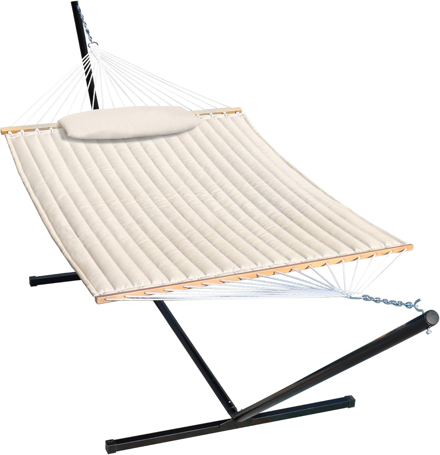Lazy Daze Hammocks Double Quilted Hammock with Stand for Outside, 15 FT Heavy Duty Steel Stand, 2 Person Hammock for Porch Patio Garden Backyard, Max 450 lbs Capacity, Cream