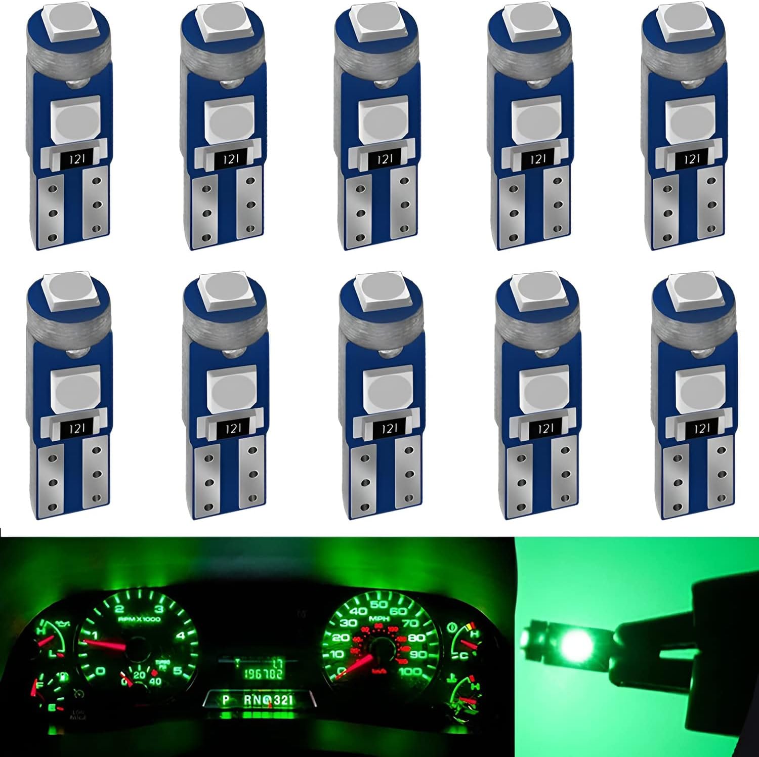 AUXLIGHT Green T5 37 74 2721 PC74 PC37 LED Bulb, 3030 Chips Super Bright 12 Volt Replacements, Interior Dome Map Dashboard Indicator Instrument Panel Gauge Cluster Lamp Lights (Pack of 10)