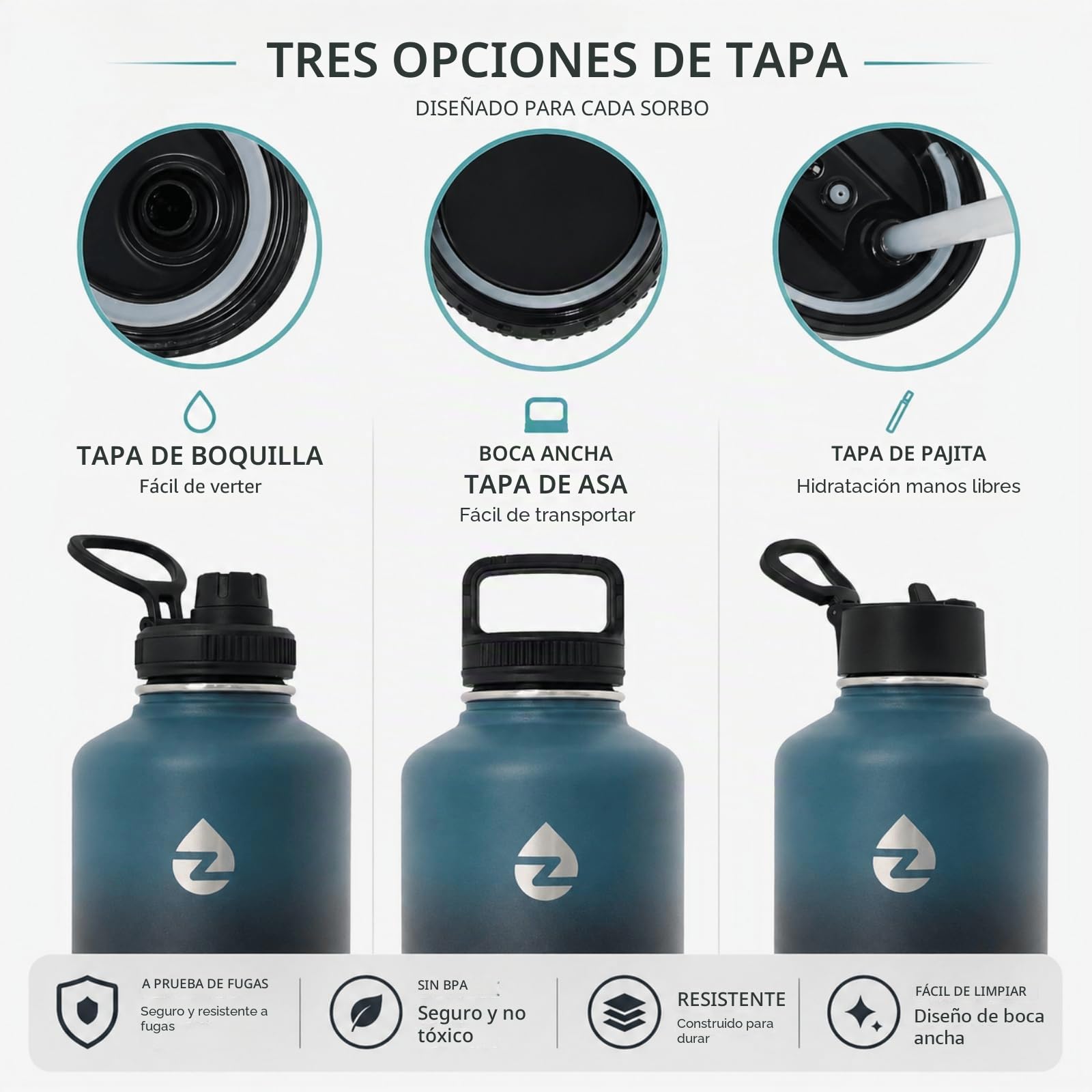 Botella Termica 2 Litros, Termo Acero Inoxidable con Pajitas y 3 Tapas, Botella Agua de Doble Pared con Asa de Paracord, Botella Isotermica a Prueba de Fugas