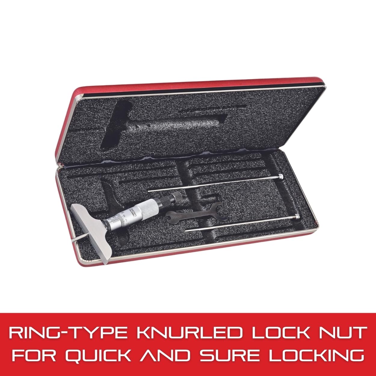 Starrett Depth Micrometer with Combination Ratchet and Speeder, Ring-Type Locknut, Ratchet Stop and Locknut - 0-75mm Range, .01mm Graduation, 63.5mm Base Length - 3 Rods - 440MZ-75RL