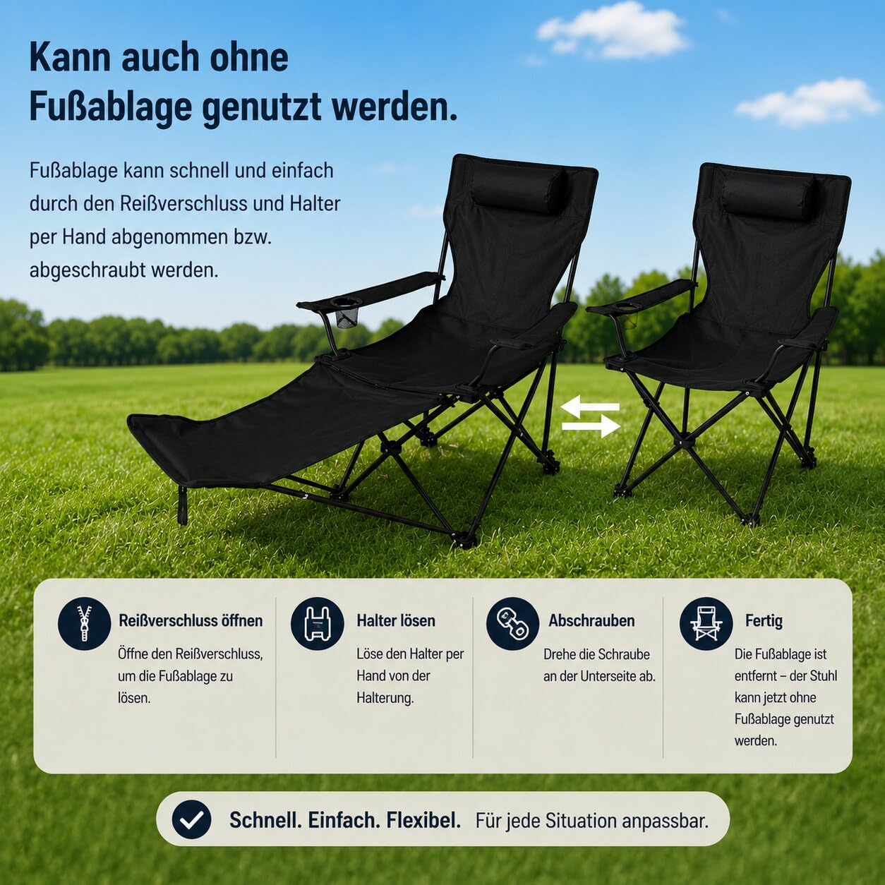 Verstellbarer Campingstuhl mit Fußablage Campingstuhl faltbar bis 130 kg | Outdoor Relaxsessel mit Hoher Rückenlehne, Getränkehalter & Tragetasche - Faltbarer Campingstuhl mit Beinauflage für Camping