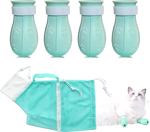 Miniatura 10 de 7 piezas de suministros de baño para gatos, zapatos de silicona antiarañazos, fundas de garra de gato, bolsa de red de ducha de gato, bolsa de baño
