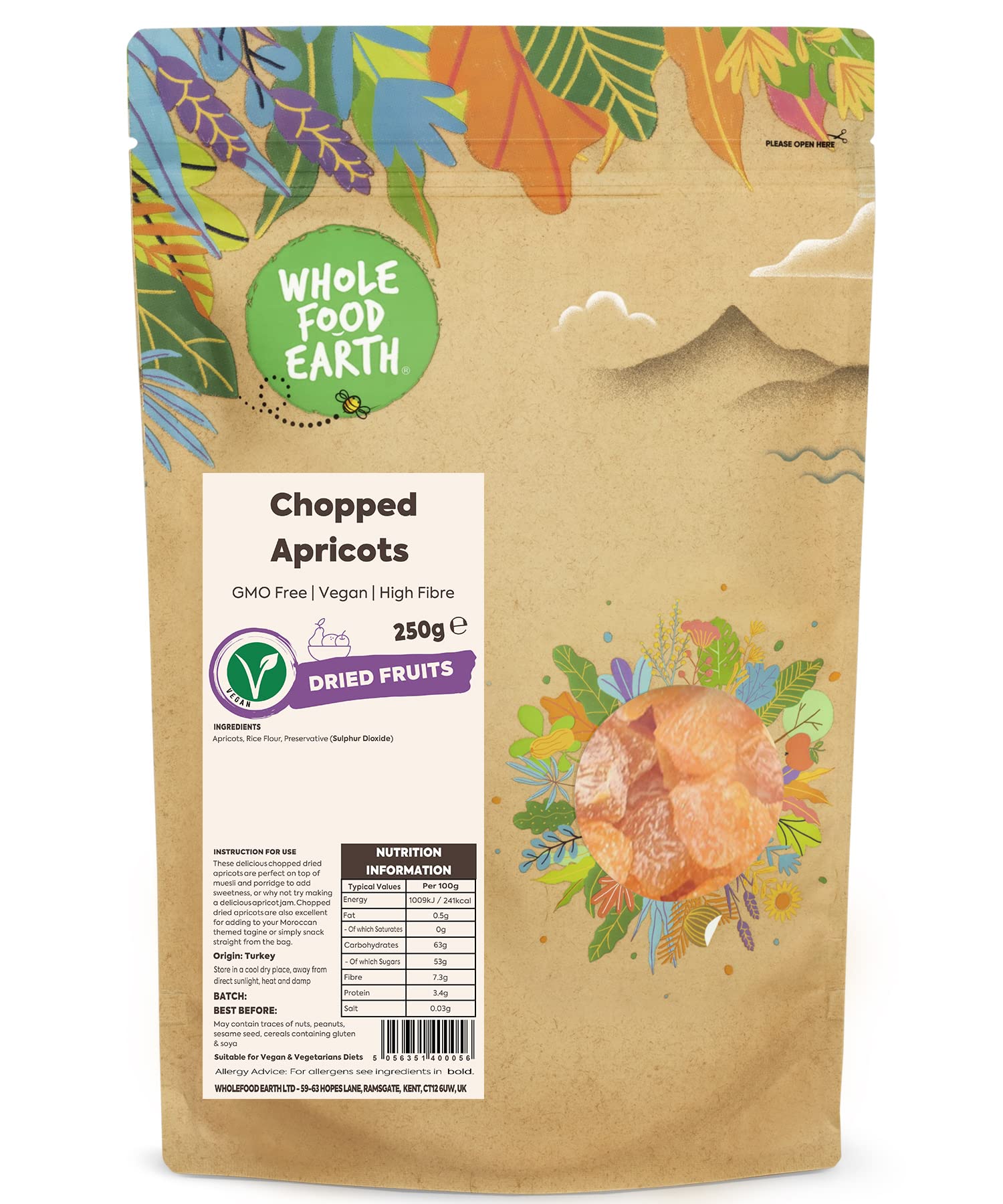 Wholefood Earth Chopped Apricots 250 g | GMO Free | High Fibre