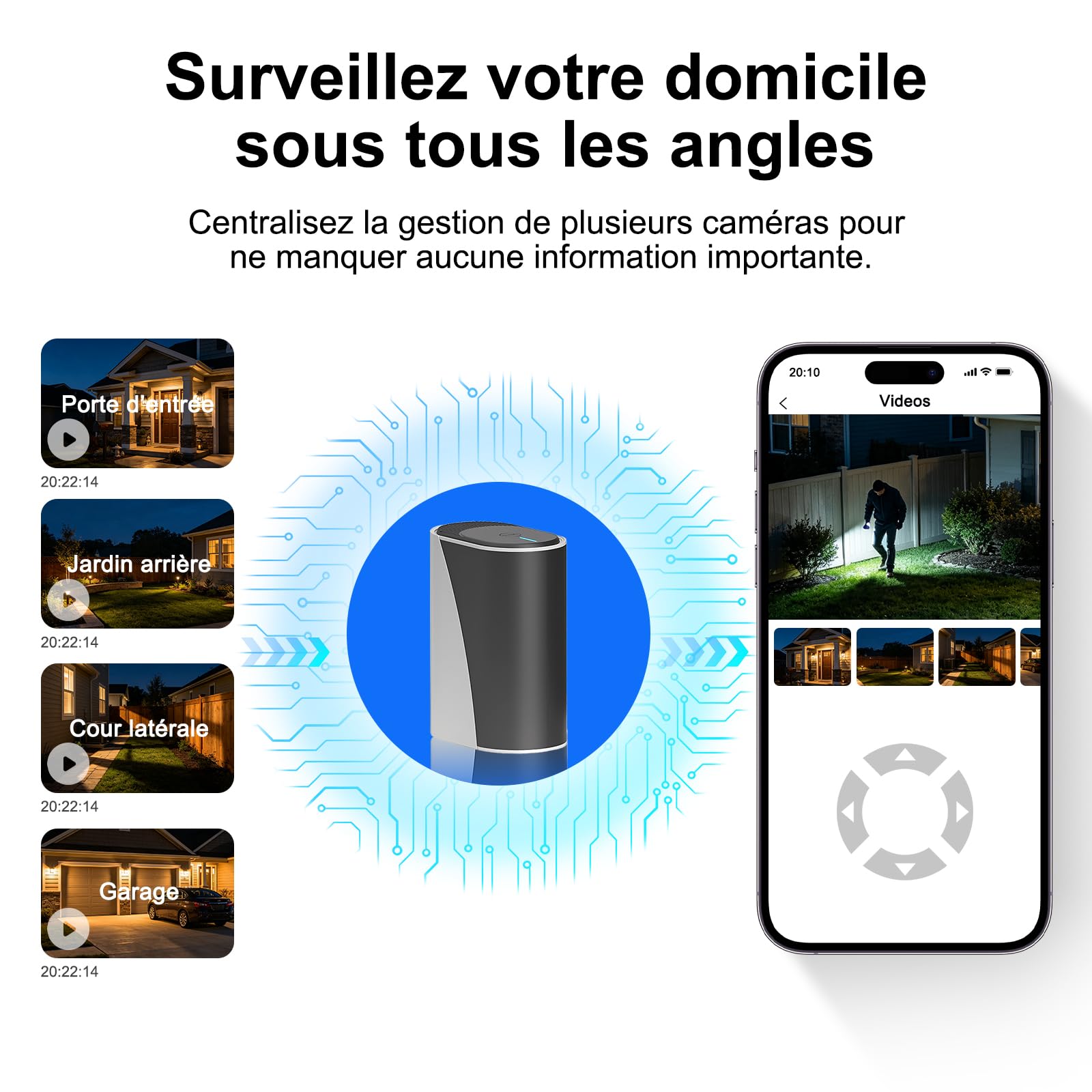 4K Camera Surveillance WiFi Exterieure sans Fil,Kit de 4 Caméras Extérieur Solaires avec Home Station,sans Abonnement,360° PTZ,Suivi Automatique,Vision Nocturne,2,4/5 GHz,IP66