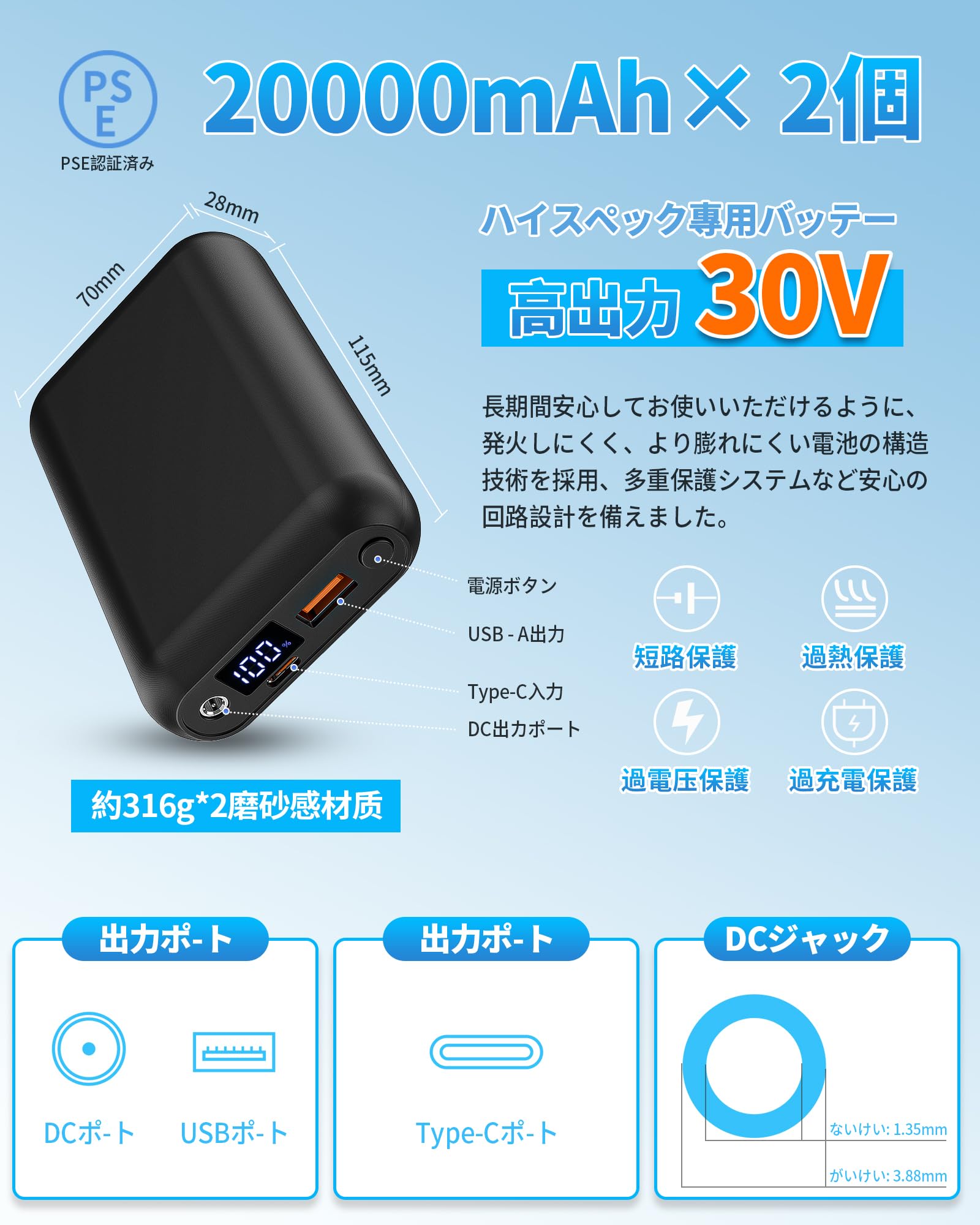 Amazon.co.jp: 空調作業服 バッテリー 30V 40,000mAh 大容量 DC/USB