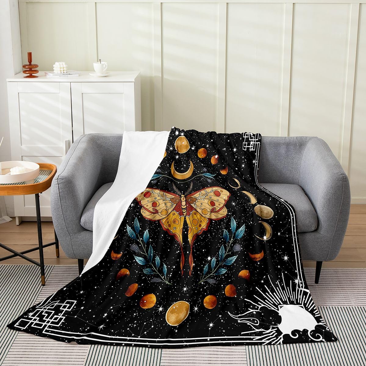 Erosebridal Sun and Moon Throw Blanket Queen 90x90,Twelve Constellations Zodiac Blanket Moon Phase Fleece Flannel Yin and Yang Starry Night Astrology Stars Soft,Black White