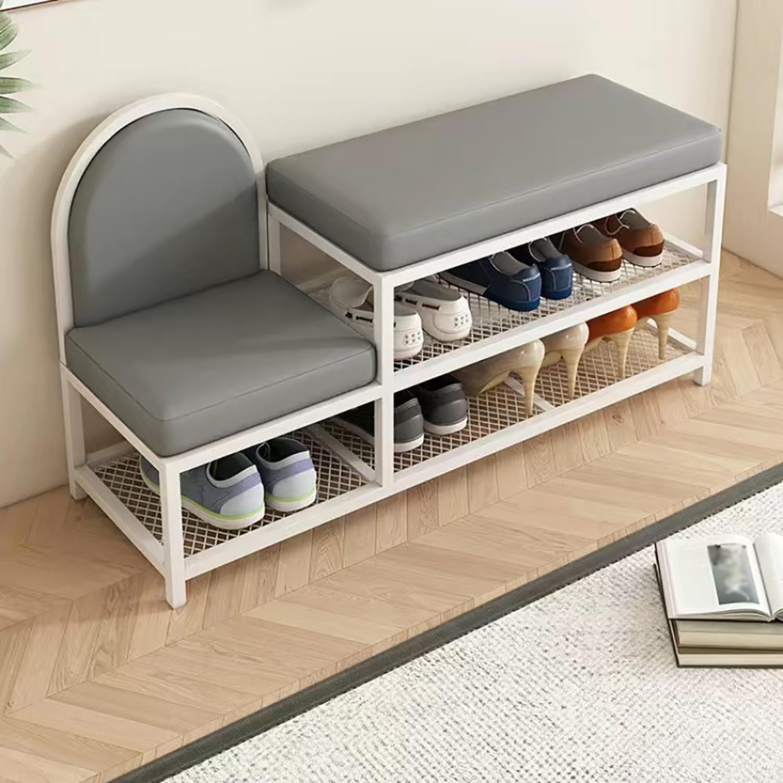 Pouf coffre à chaussures gris 100 cm avec étagère ouverte métal