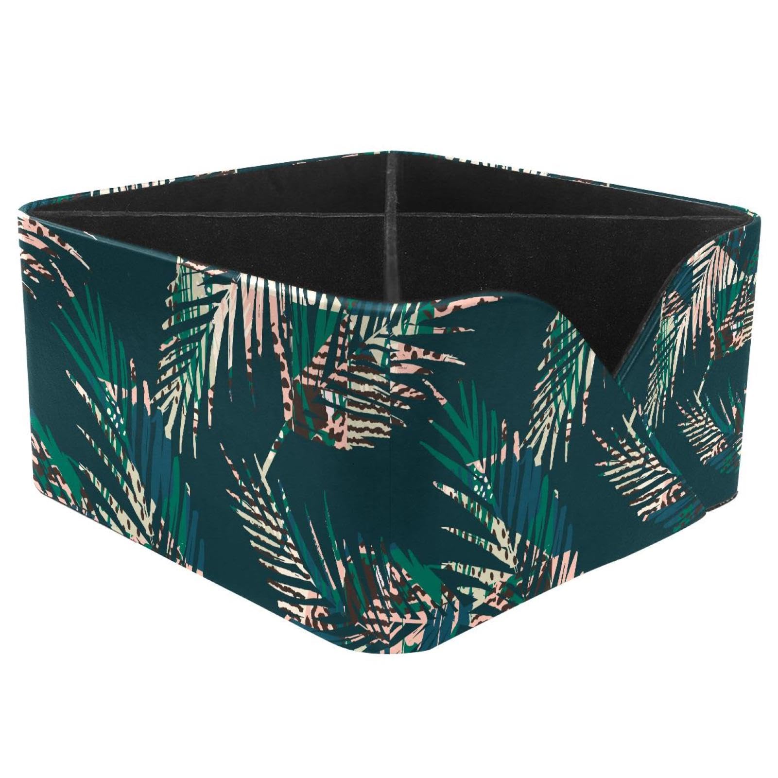 KengjuTesu Palm Plant Tropical Leaf Pattern Desktop Organizer Pen Holder, Rectangular Pencil Cup for Office, Study and Makeup Stations
