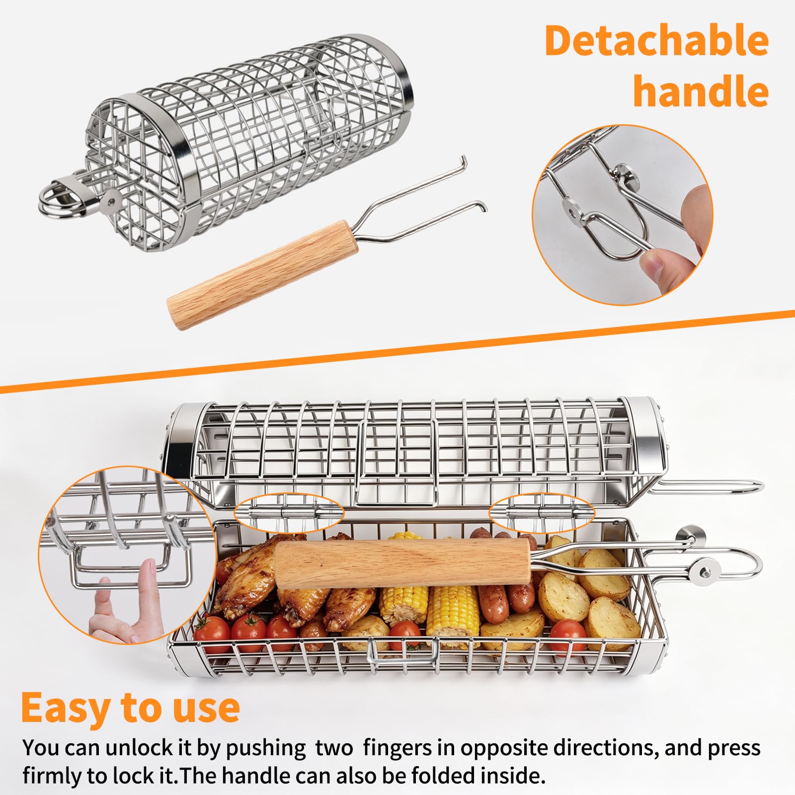 Cestello BBQ Rotante Acciaio Inox 304 Accessorio Grill Apertura a Conchiglia e Manico in Legno Smontabile Ideale come Regalo per la Festa del Papà Compleanno Natale Capodanno Uomo (S+XL)
