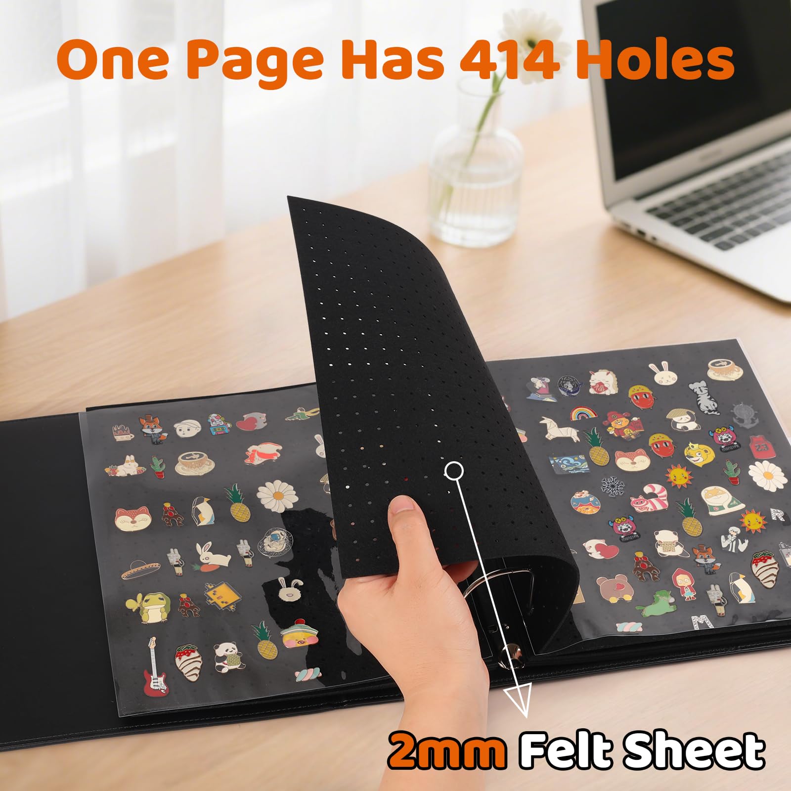 Raccoglitore smaltato con 10 pagine in feltro, porta spilli in pelle PU, organizer per grandi collezioni, raccoglitore a 3 anelli, nero (non include accessori)
