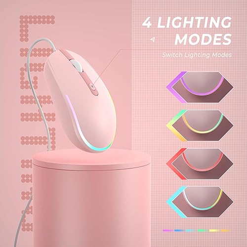 Miniatura 2 de Seenda Ratón con Cable - Mouse de Computadora USB con LED Retroiluminado RGB con Cable USB Adjunto para Laptops, Chromebook - Rosa