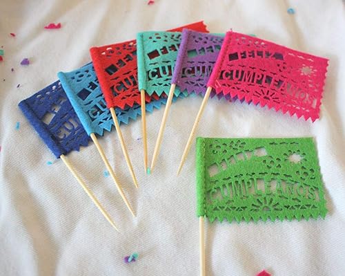 Miniatura 2 de Del Mex - Juego de 18 mini banderines de papel mexicano multicolor con banderines de fieltro, decoración para cupcakes
