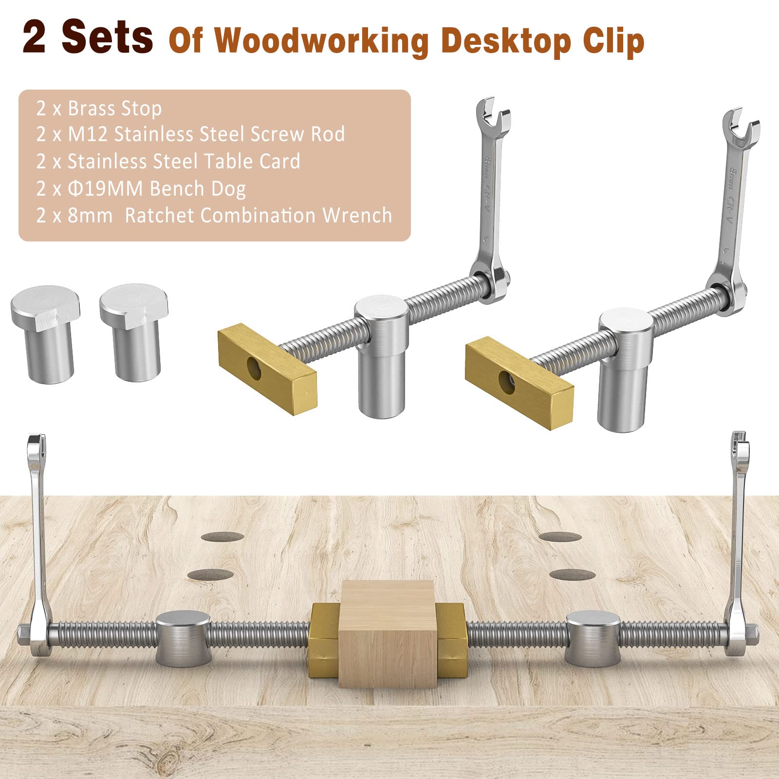 4 Sets 3/4 Inch Bench Dogs & Clamps - Stainless Steel Woodworking E 986548