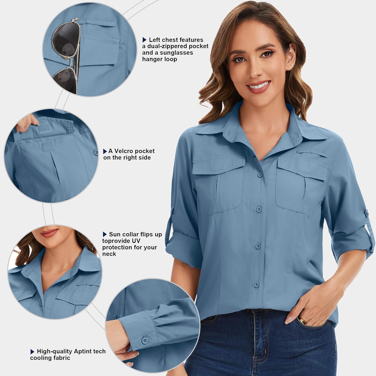Women’s UPF 50 Safari Long Sleeve Sun Protection Shirt, Lightweight Quick Dry UV Fishing Hiking Outdoor Shirt - Image 4
