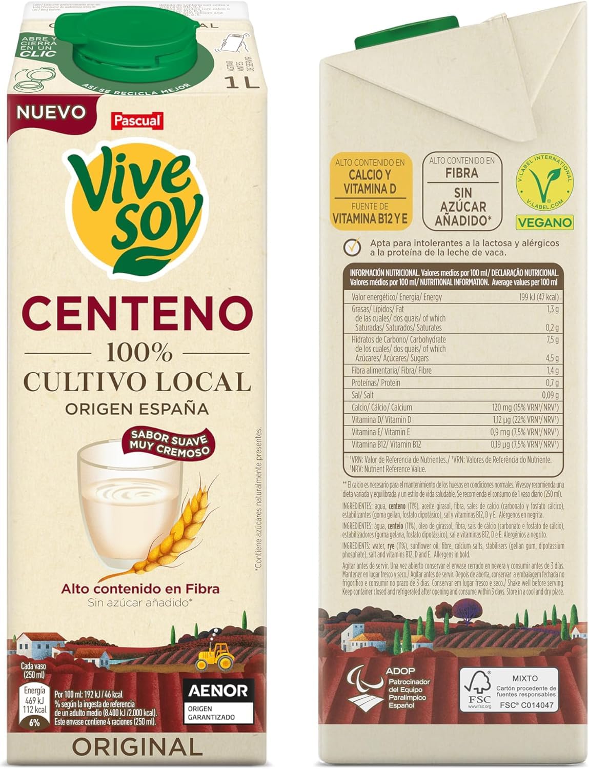 Vivesoy Bebida 100% Vegetal Centeno 100% Origen Español Pack 6 x 1L