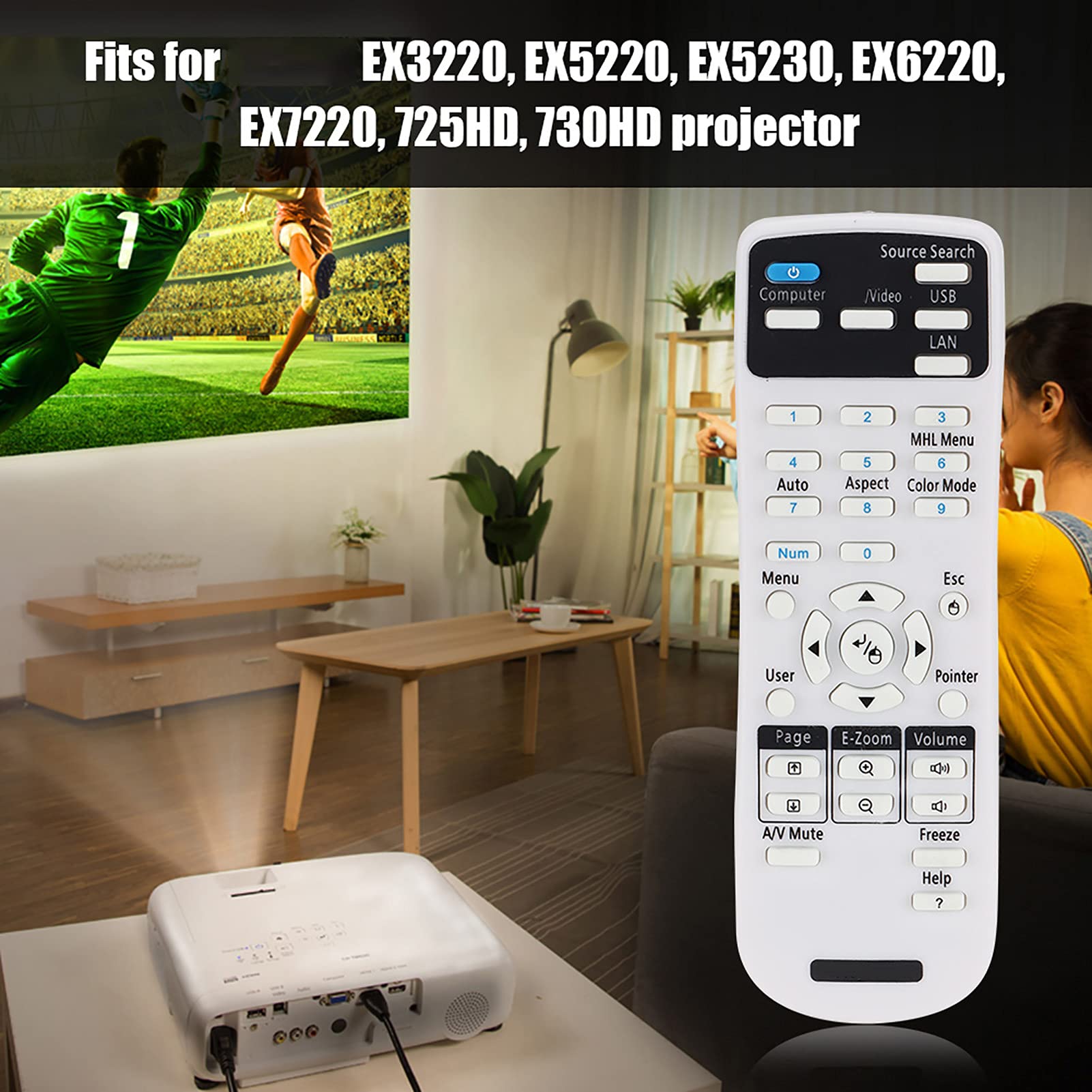 Projector Remote Control, Portable Projector Controller Replacement for EX3220, EX5220, EX6220, EX7220, 725HD Projector, Easy to Operate, ABS Material