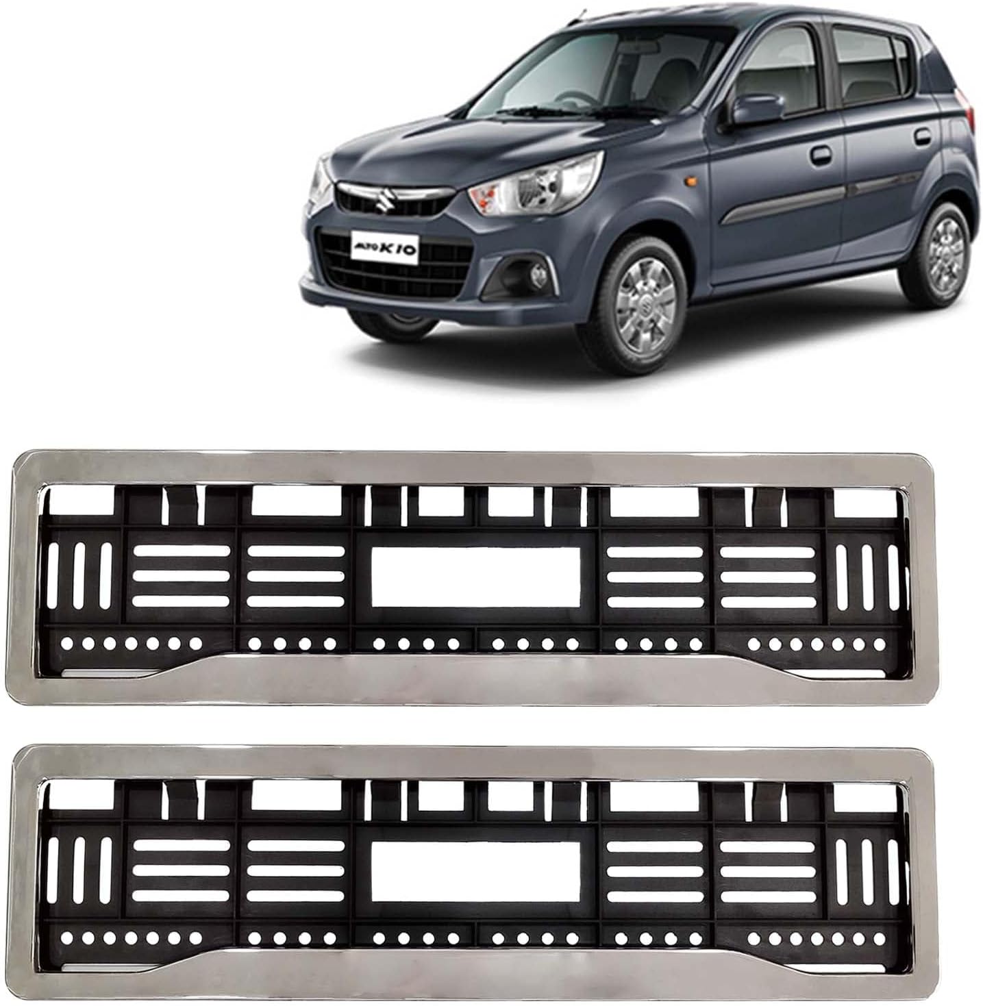 Kingsway Car Number Plate Frames Chrome for Maruti Suzuki Alto K10, 2014-2022 Model, Car Registration Plate Holders, Licence Plate Covers (Front and Rear), Universal Size 51.5 x 14.5 cm