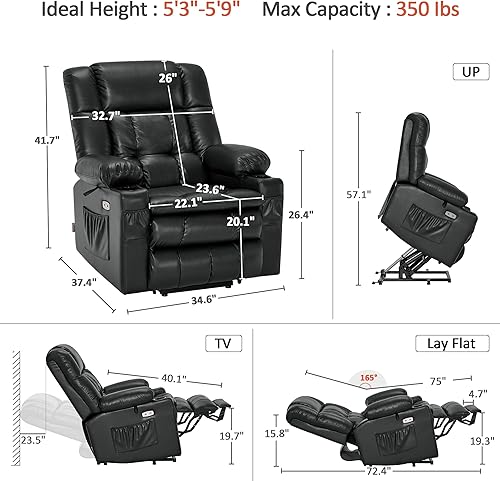 Miniatura 154 de MCombo Silla reclinable eléctrica de doble motor para personas mayores, silla elevadora plana con calor y masaje, portavasos, puertos USB, piel